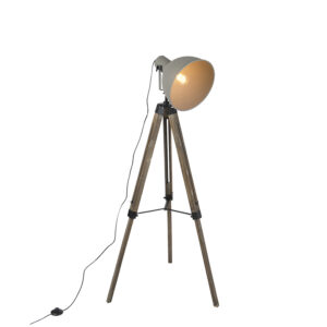 Industrial floor lamp on wooden tripod with gray shade – Laos