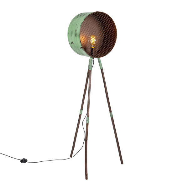Vintage floor lamp on bamboo tripod green with copper – Barrel